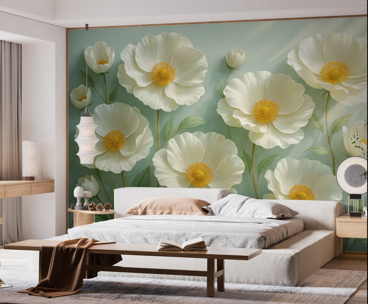 Fototapeta Białe maki na ścianie w świetle dziennym z efektem trójwymiarowym.