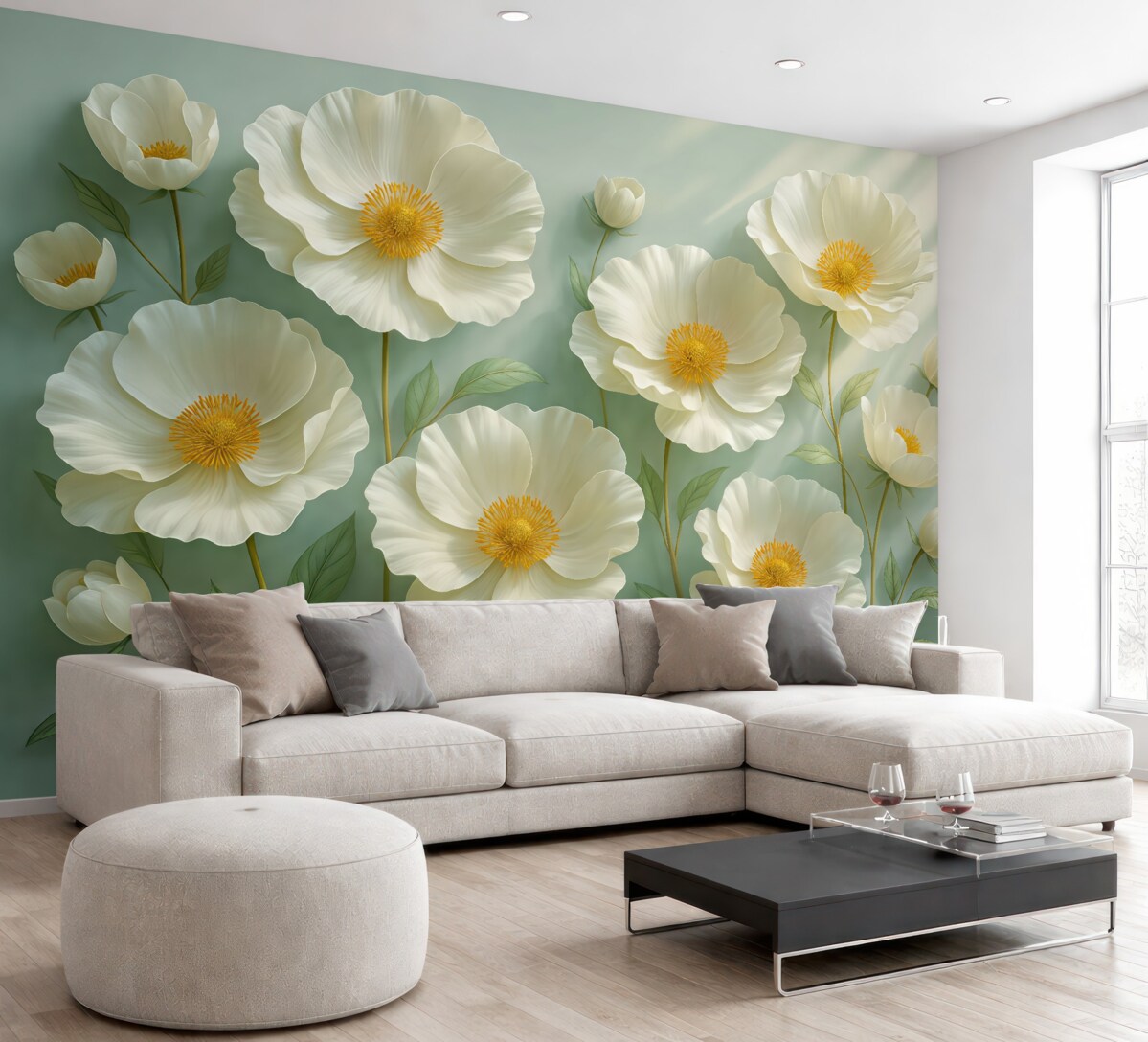 Fototapeta Białe maki na ścianie w świetle dziennym z efektem trójwymiarowym.