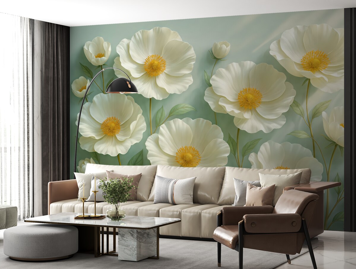 Fototapeta Białe maki na ścianie w świetle dziennym z efektem trójwymiarowym.