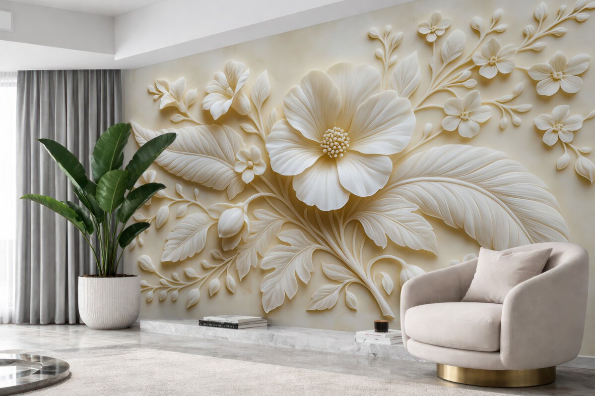 Fototapeta Trójwymiarowa rzeźba ścienna przedstawiająca pióra i kwiaty, z dużym makiem w tonacjach beżowych.