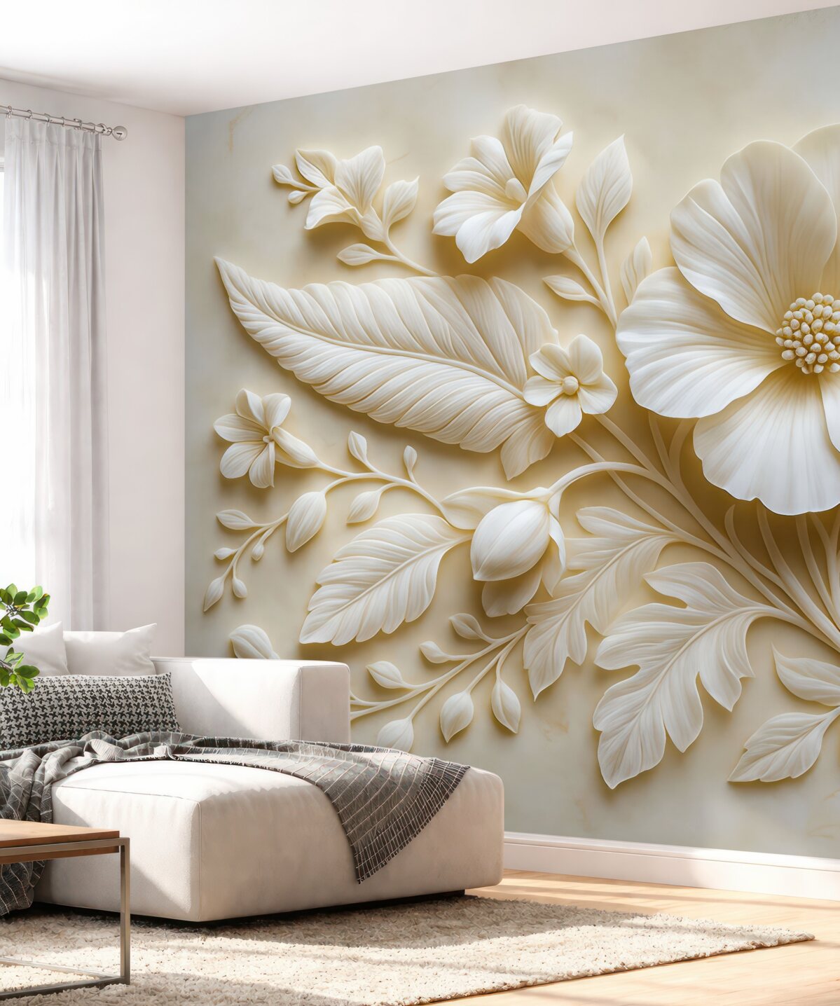 Fototapeta Trójwymiarowa rzeźba ścienna przedstawiająca pióra i kwiaty, z dużym makiem w tonacjach beżowych.