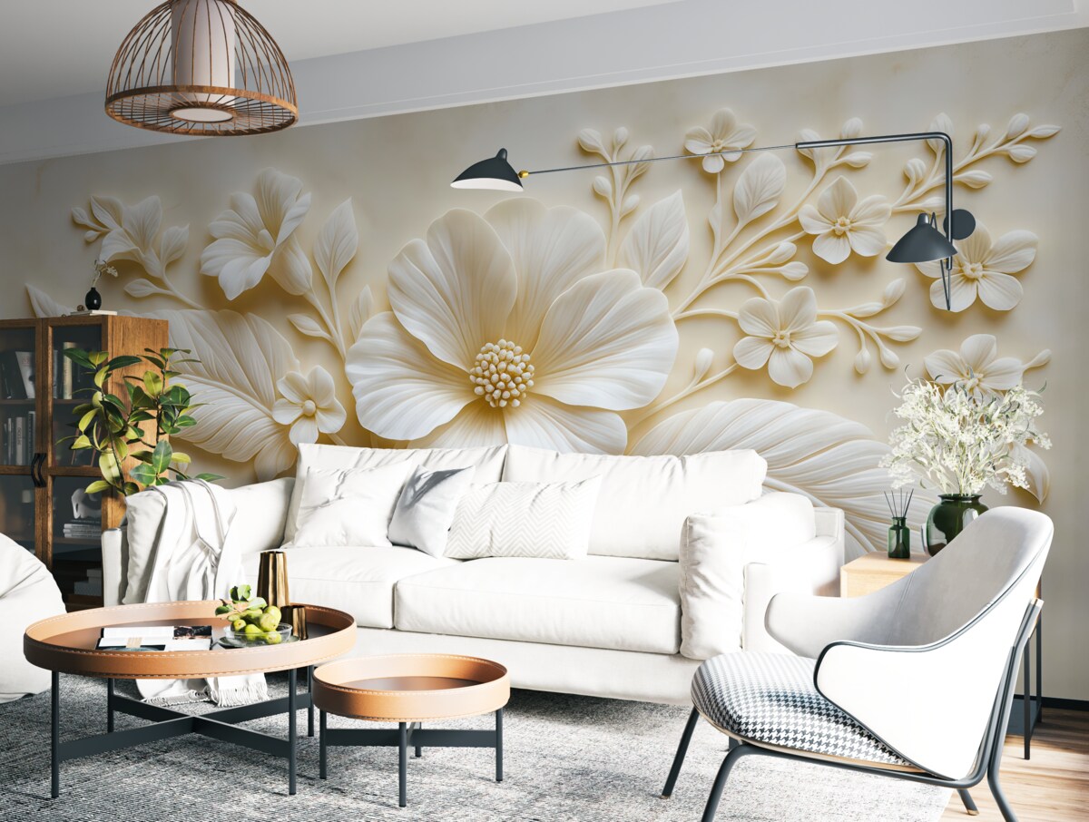 Fototapeta Trójwymiarowa rzeźba ścienna przedstawiająca pióra i kwiaty, z dużym makiem w tonacjach beżowych.