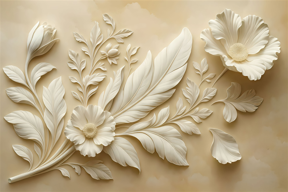 Fototapeta Stylowe kwiaty reliefowe z liśćmi i piórami w tonacjach beżowych.