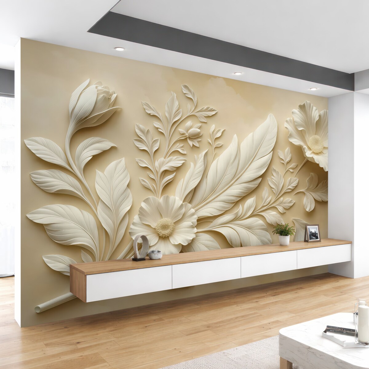 Fototapeta Stylowe kwiaty reliefowe z liśćmi i piórami w tonacjach beżowych.