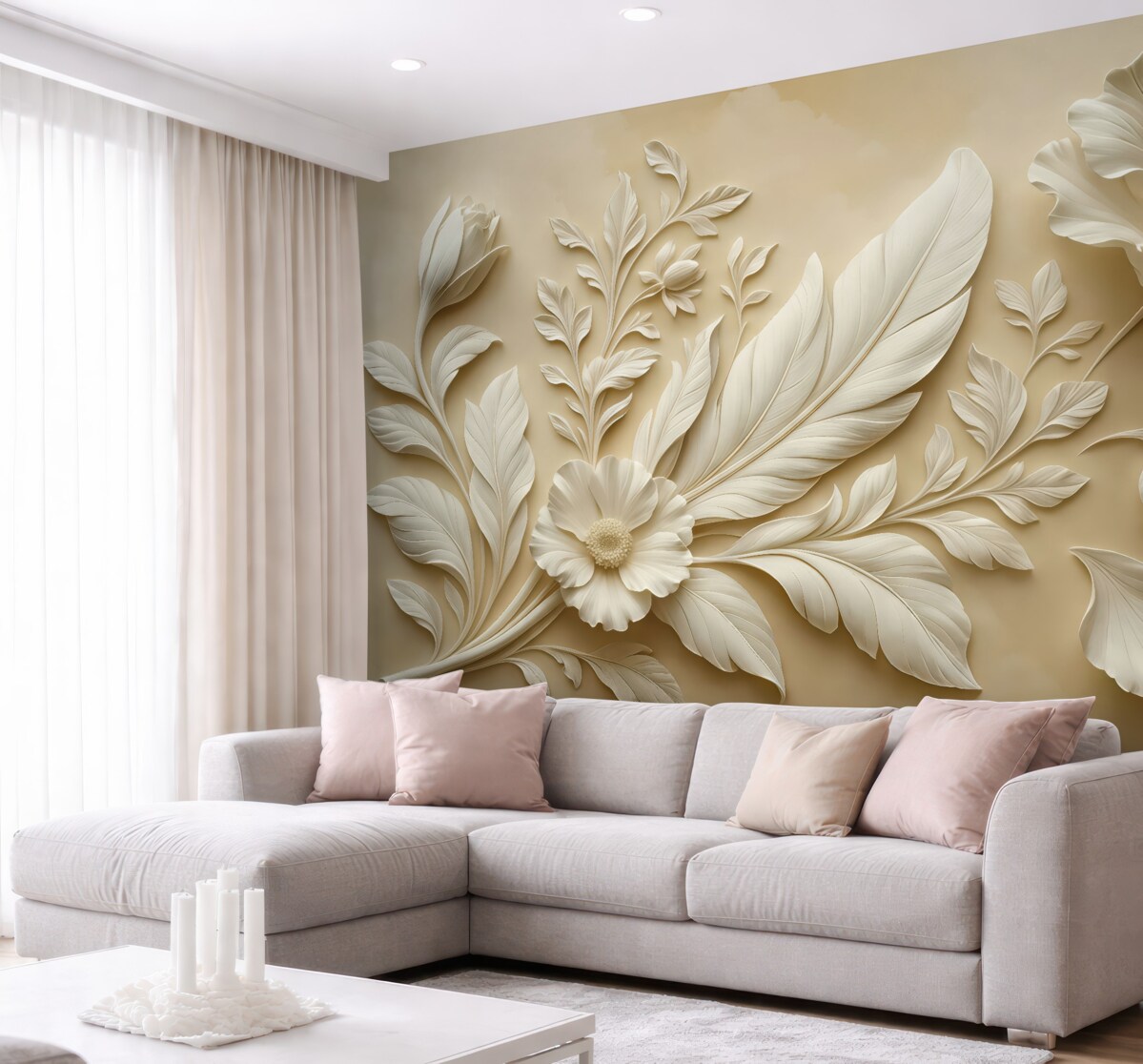Fototapeta Stylowe kwiaty reliefowe z liśćmi i piórami w tonacjach beżowych.