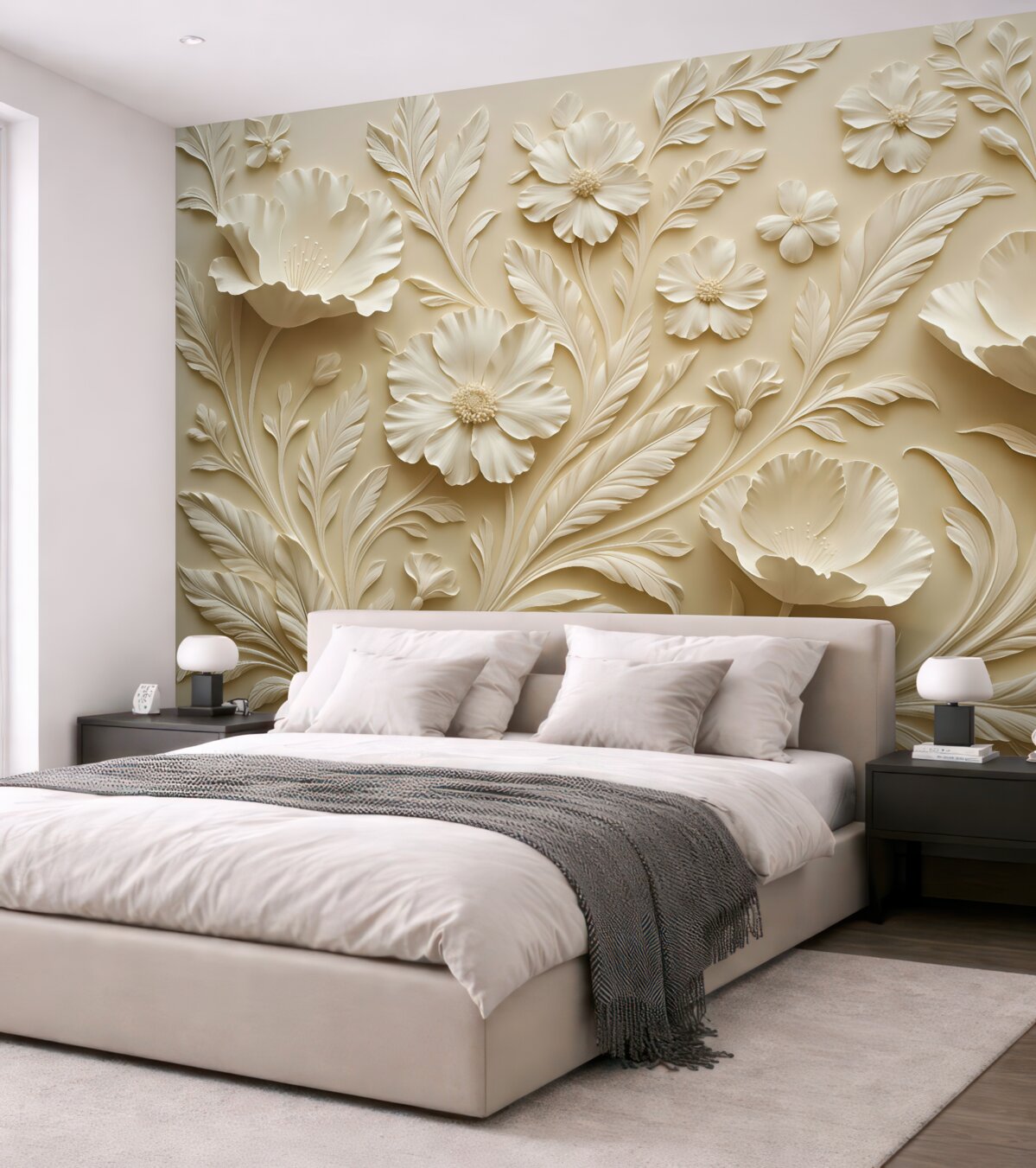 Fototapeta Zjawiskowe reliefowe kwiaty oraz liście w tonacjach beżu.