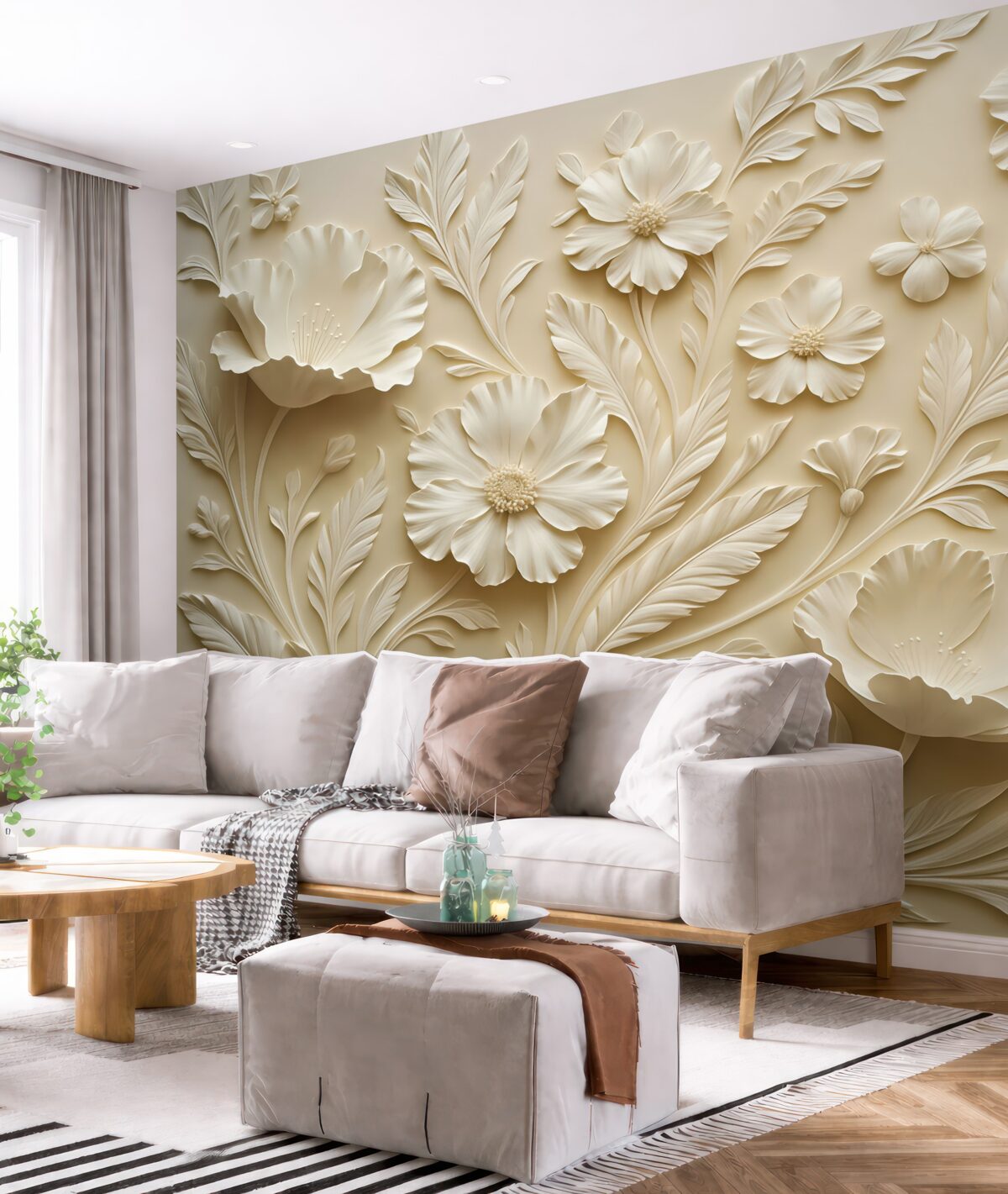 Fototapeta Zjawiskowe reliefowe kwiaty oraz liście w tonacjach beżu.