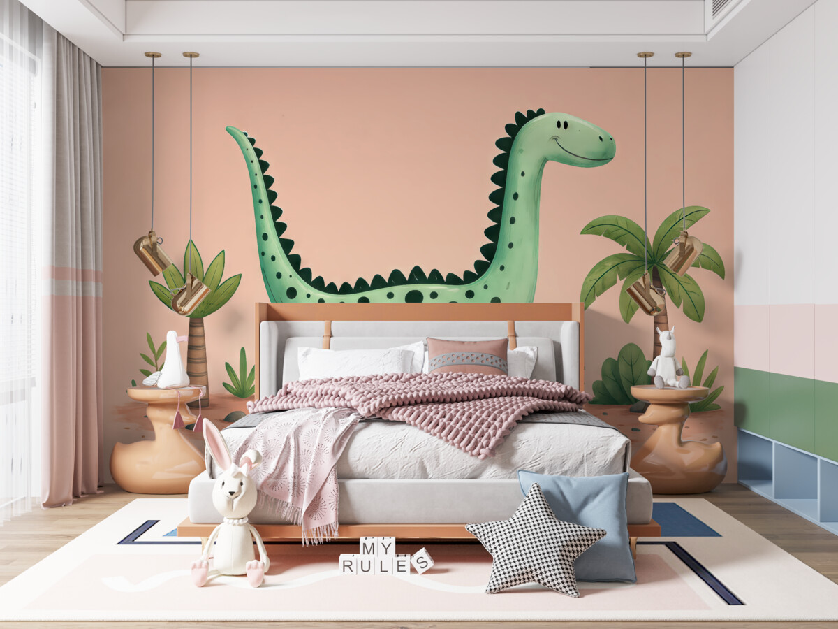 Fototapeta Cudowny dinozaur na różowym tle z drzewami palmowymi.