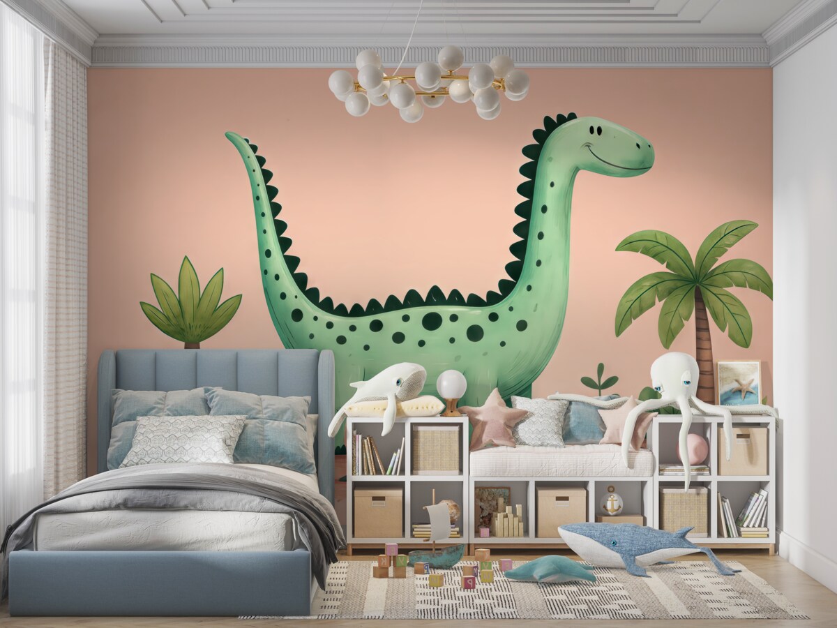 Fototapeta Cudowny dinozaur na różowym tle z drzewami palmowymi.