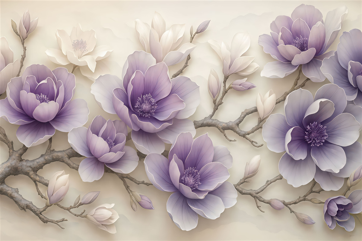 Fototapeta Fioletowe wypukłe kwiaty magnolii na subtelnej gałęzi.