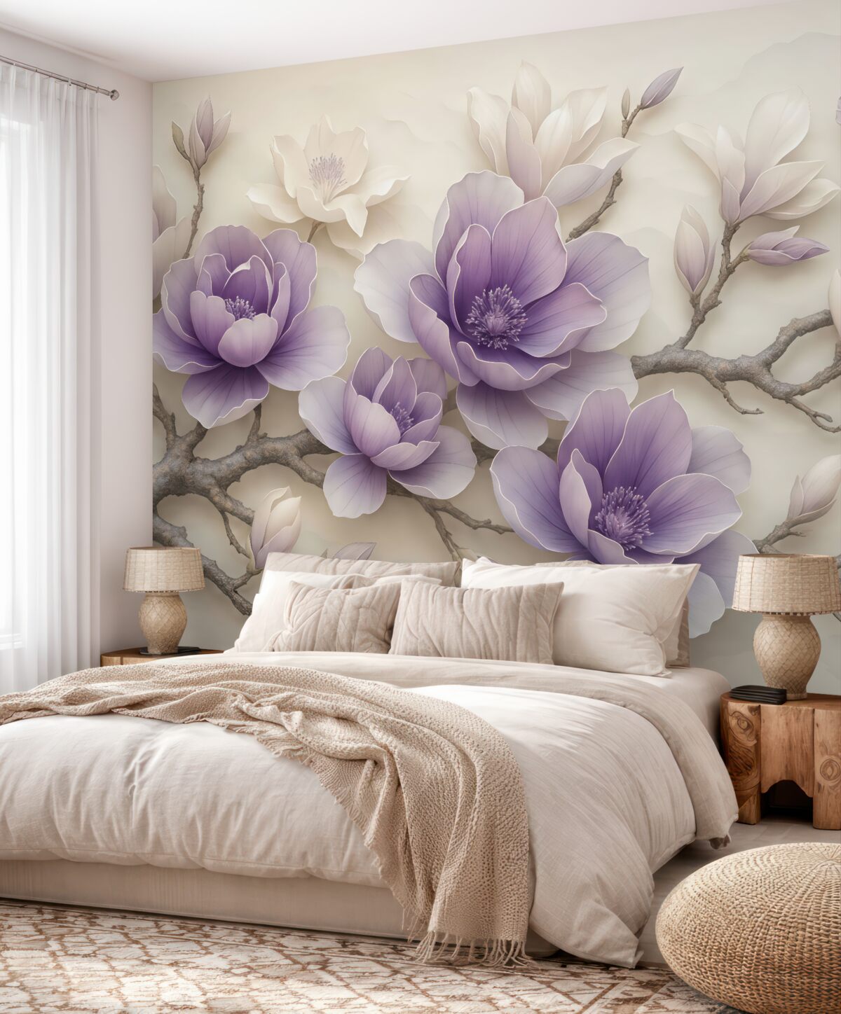 Fototapeta Fioletowe wypukłe kwiaty magnolii na subtelnej gałęzi.