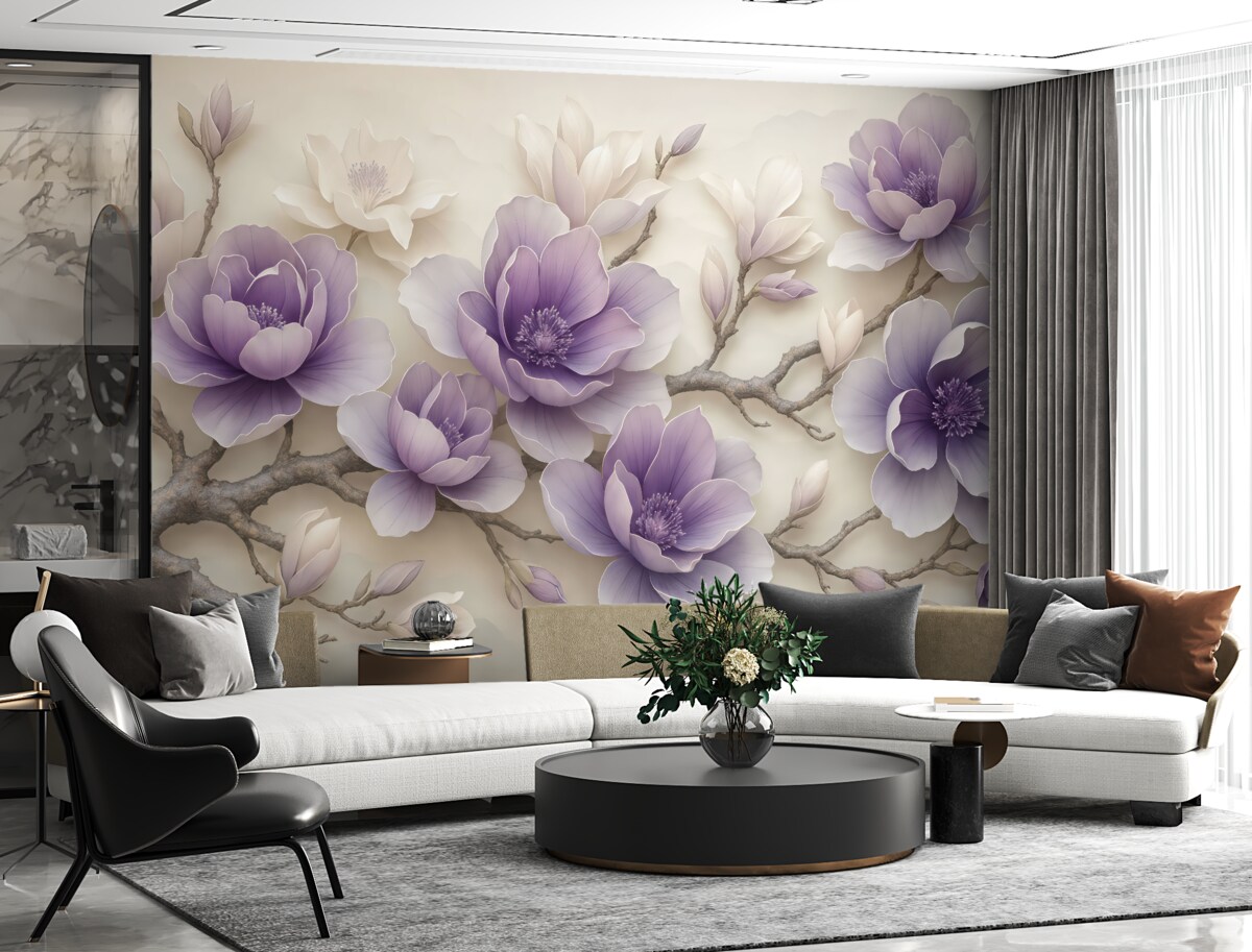 Fototapeta Fioletowe wypukłe kwiaty magnolii na subtelnej gałęzi.