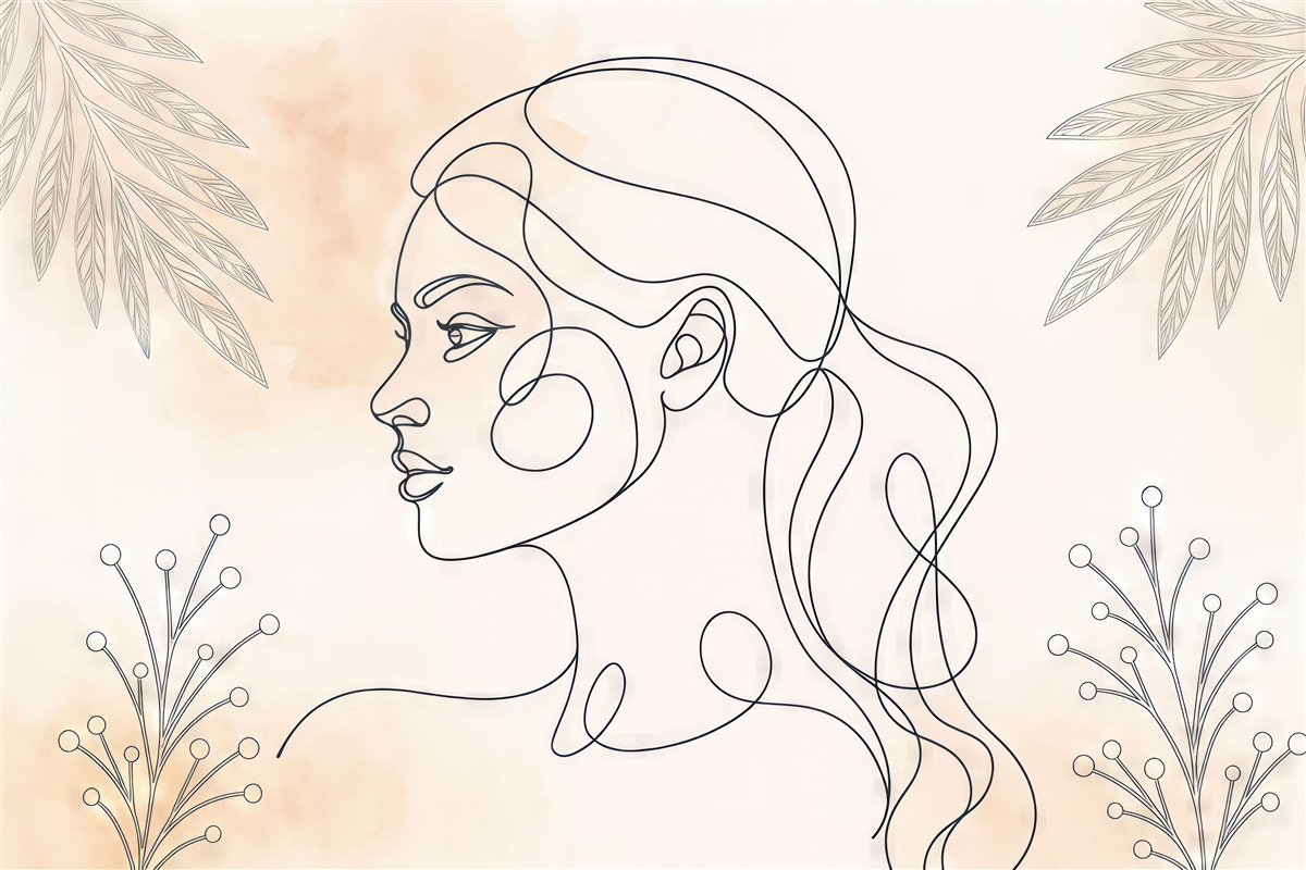 Fototapeta Oblicze kobiety, plamy w akwareli, liście.