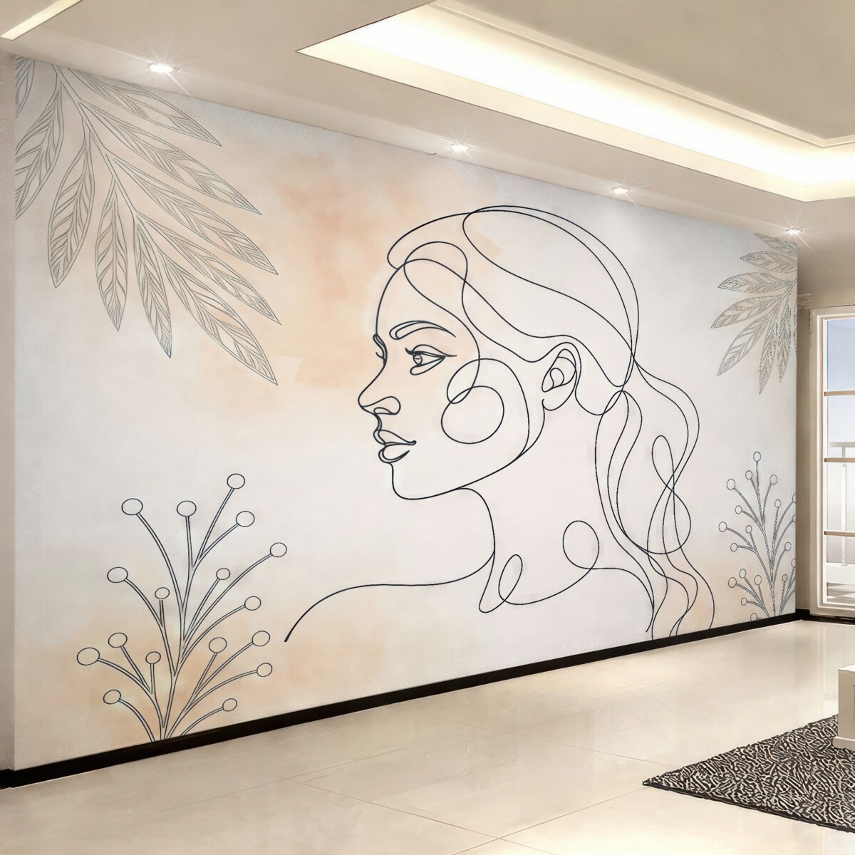 Fototapeta Oblicze kobiety, plamy w akwareli, liście.