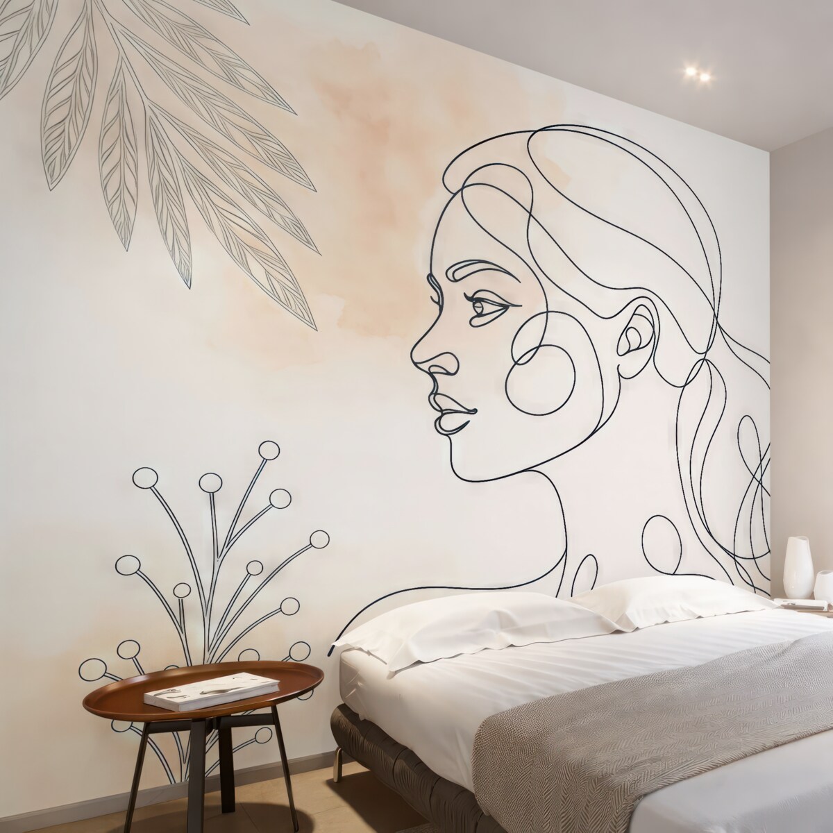 Fototapeta Oblicze kobiety, plamy w akwareli, liście.