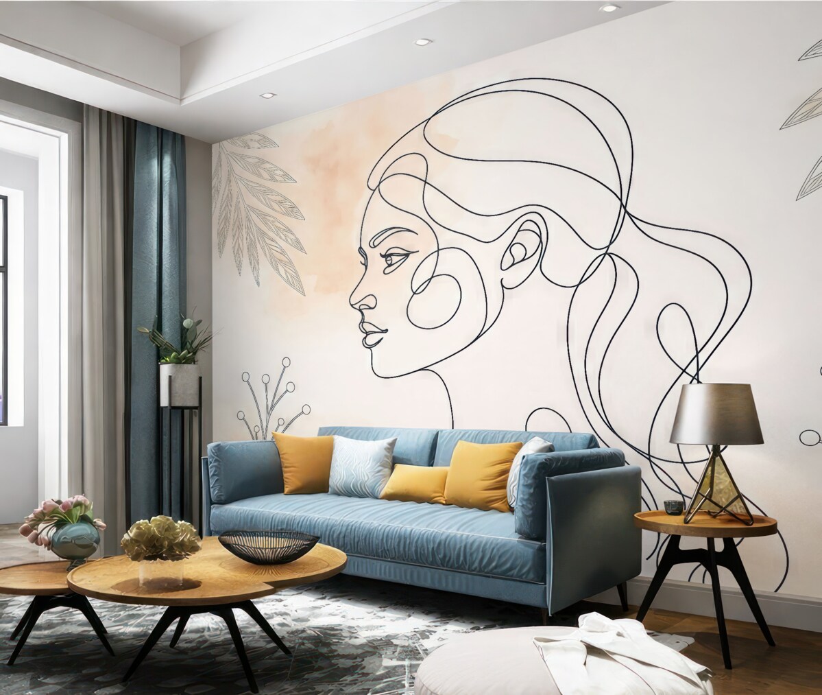 Fototapeta Oblicze kobiety, plamy w akwareli, liście.