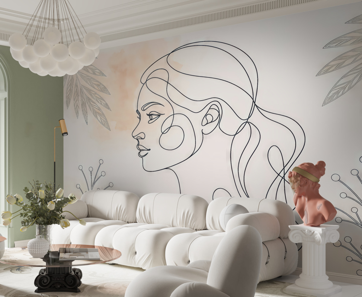 Fototapeta Oblicze kobiety, plamy w akwareli, liście.