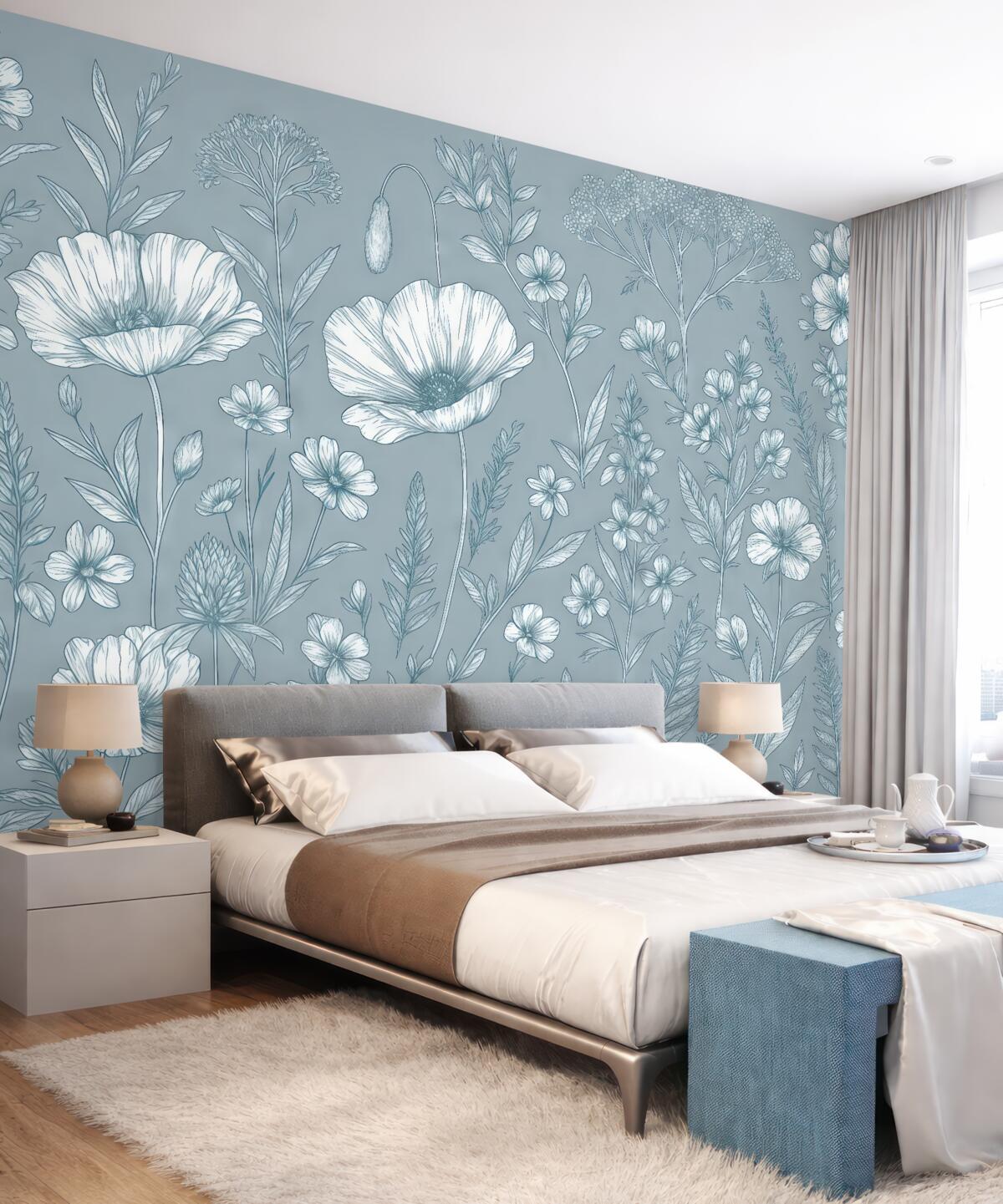 Fototapeta Kwiaty, dzikie kwiaty, rumianek, maki na jasnobeżowym tle.