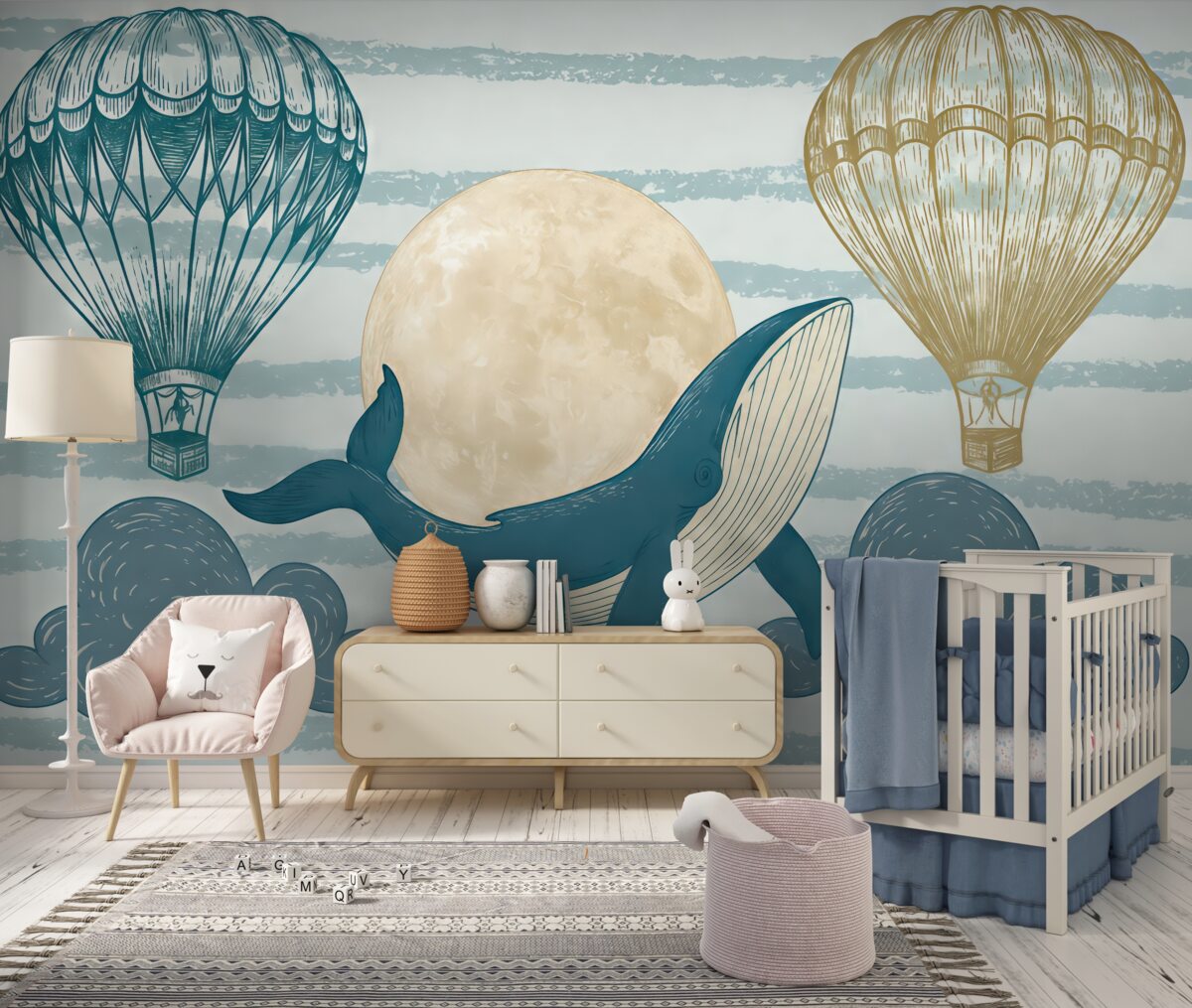 Fototapeta Wieloryb, miesiąc, ozdoba dla dzieci, balonik.