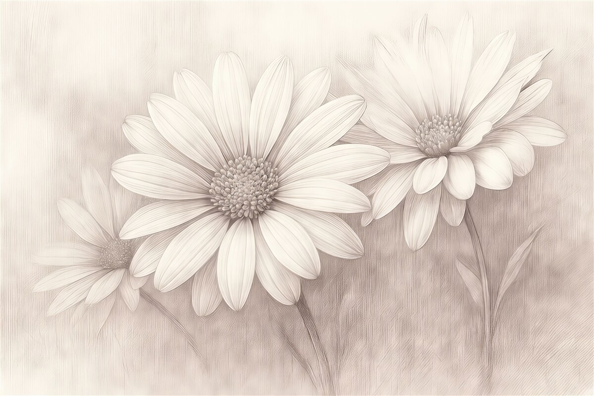 Fototapeta Drzewa w kwiatach w stylu retro na fakturowanej ścianie o odcieniu beżowym.