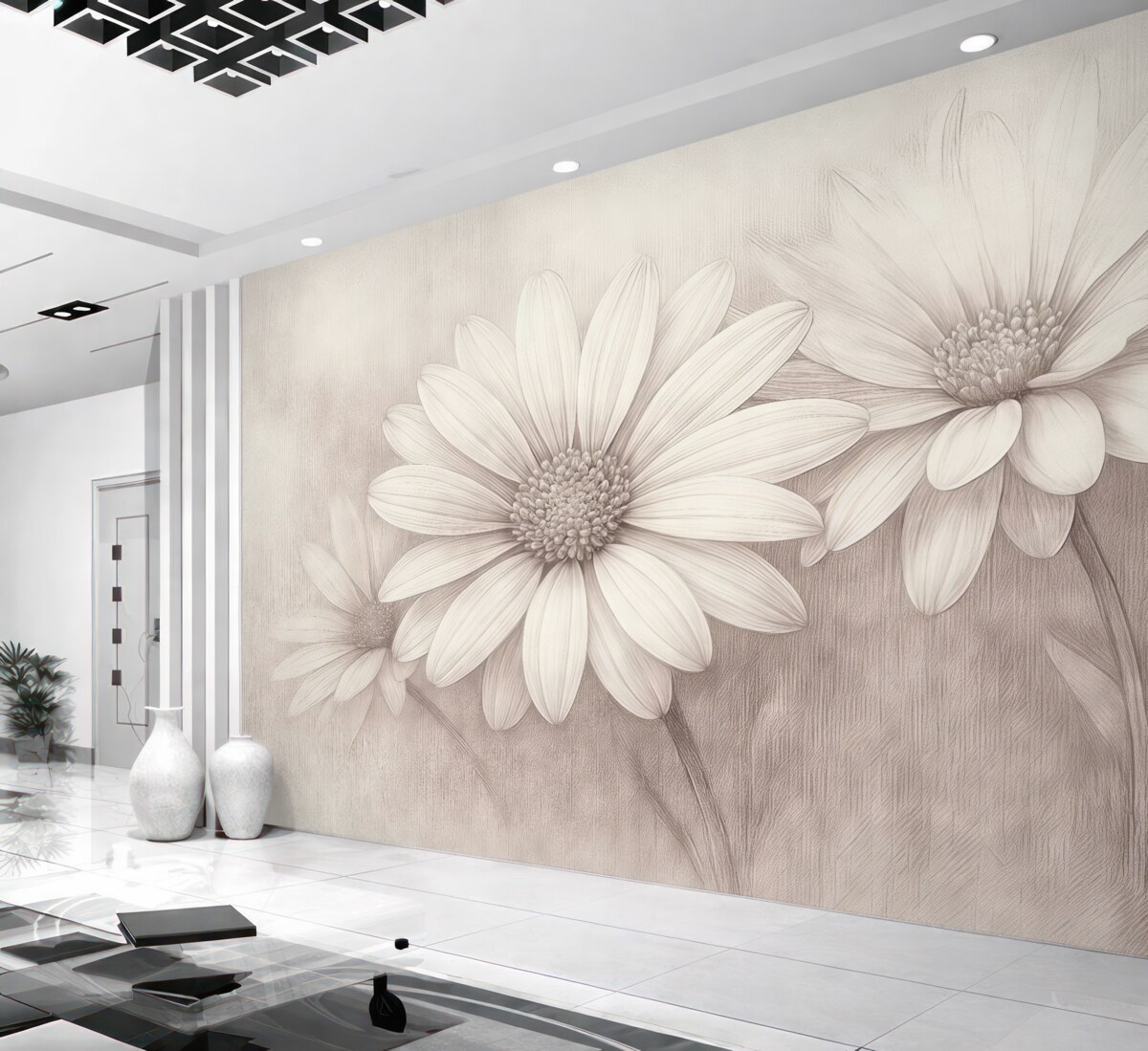 Fototapeta Drzewa w kwiatach w stylu retro na fakturowanej ścianie o odcieniu beżowym.