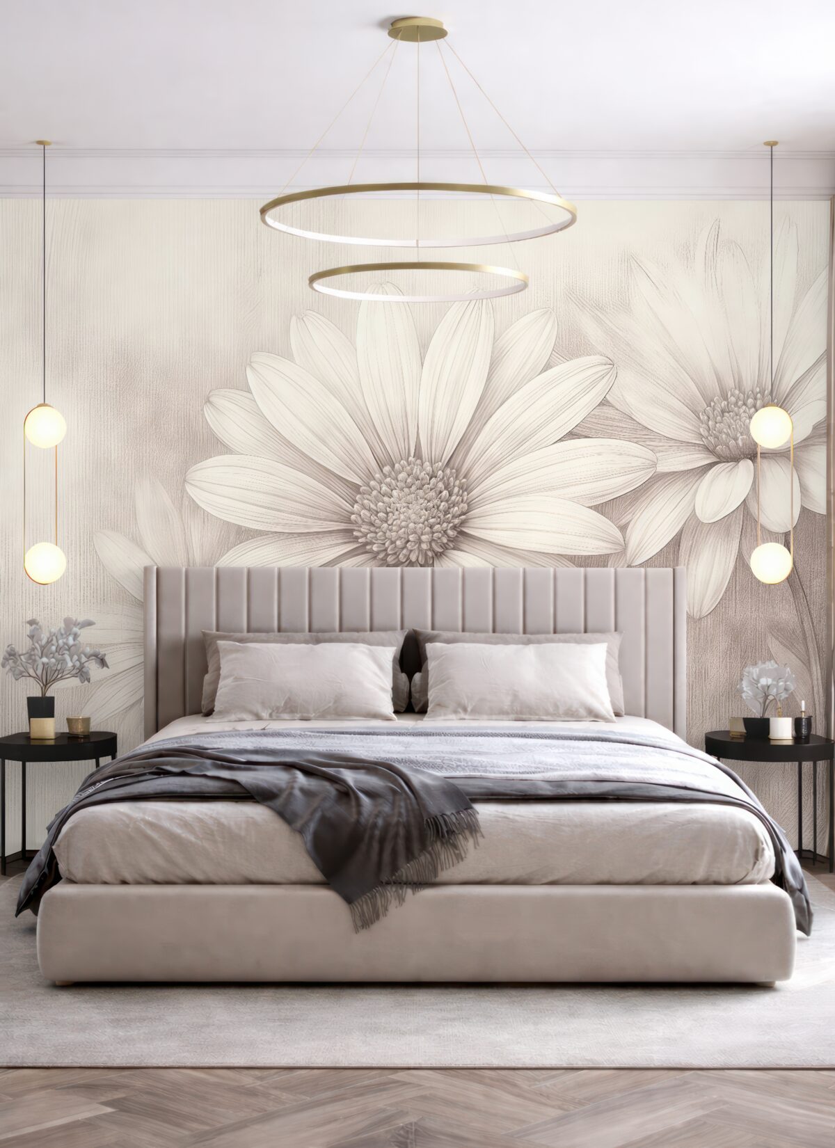 Fototapeta Drzewa w kwiatach w stylu retro na fakturowanej ścianie o odcieniu beżowym.