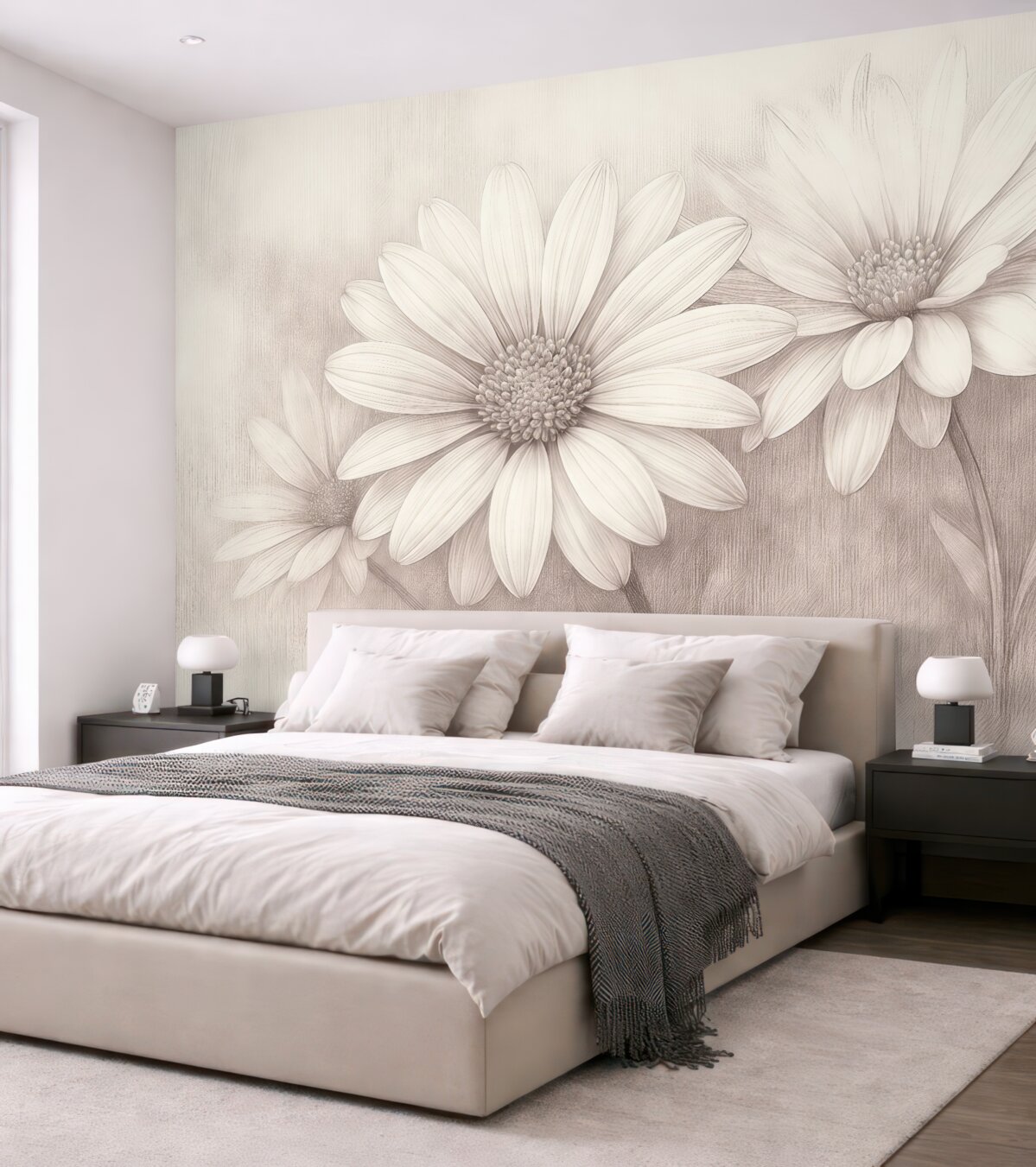 Fototapeta Drzewa w kwiatach w stylu retro na fakturowanej ścianie o odcieniu beżowym.