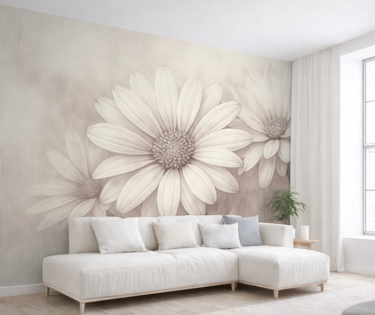 Fototapeta Drzewa w kwiatach w stylu retro na fakturowanej ścianie o odcieniu beżowym.