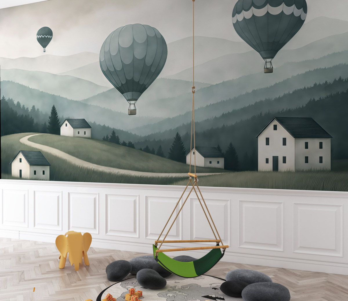 Fototapeta Balony nad pejzażem w tonach niebieskiego.