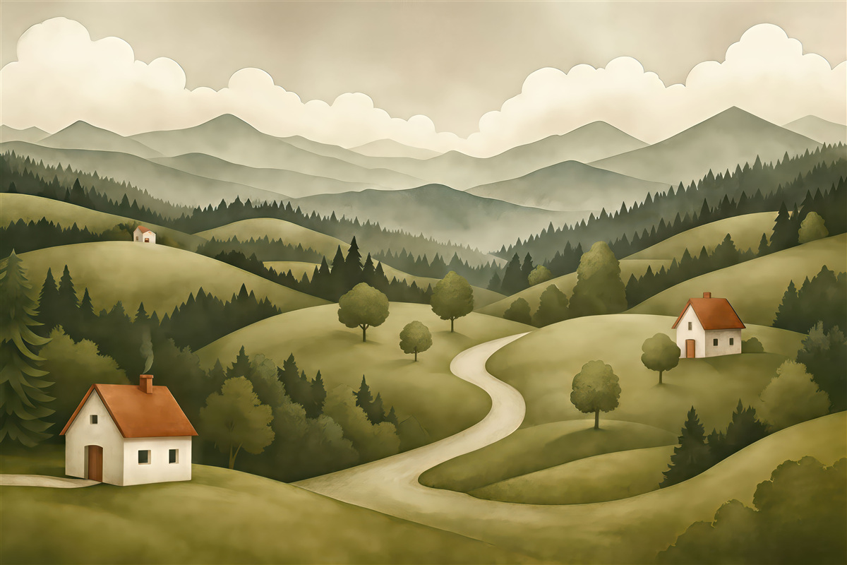 Fototapeta Pejzaż namalowany z budynkami.