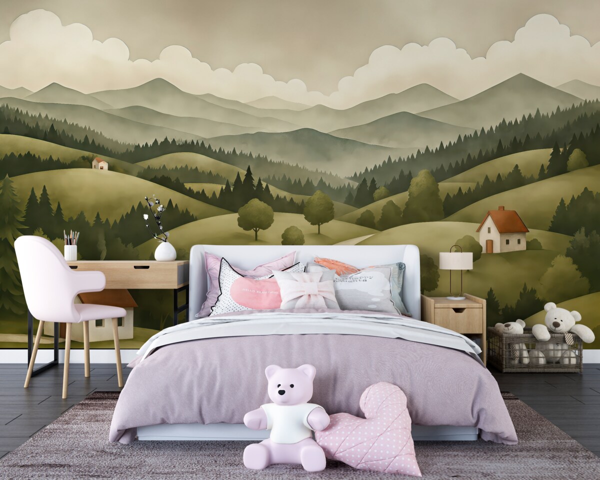 Fototapeta Pejzaż namalowany z budynkami.