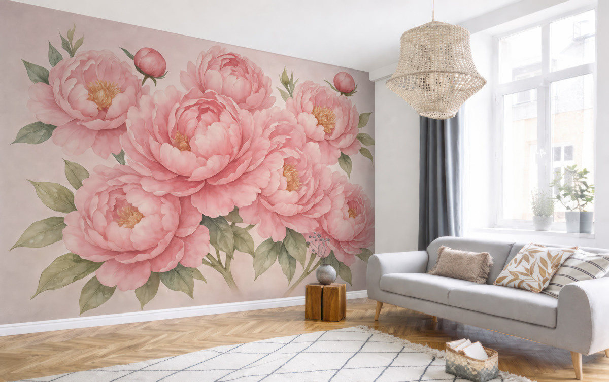 Fototapeta Wielkie różowe piwonie z farbami wodnymi.