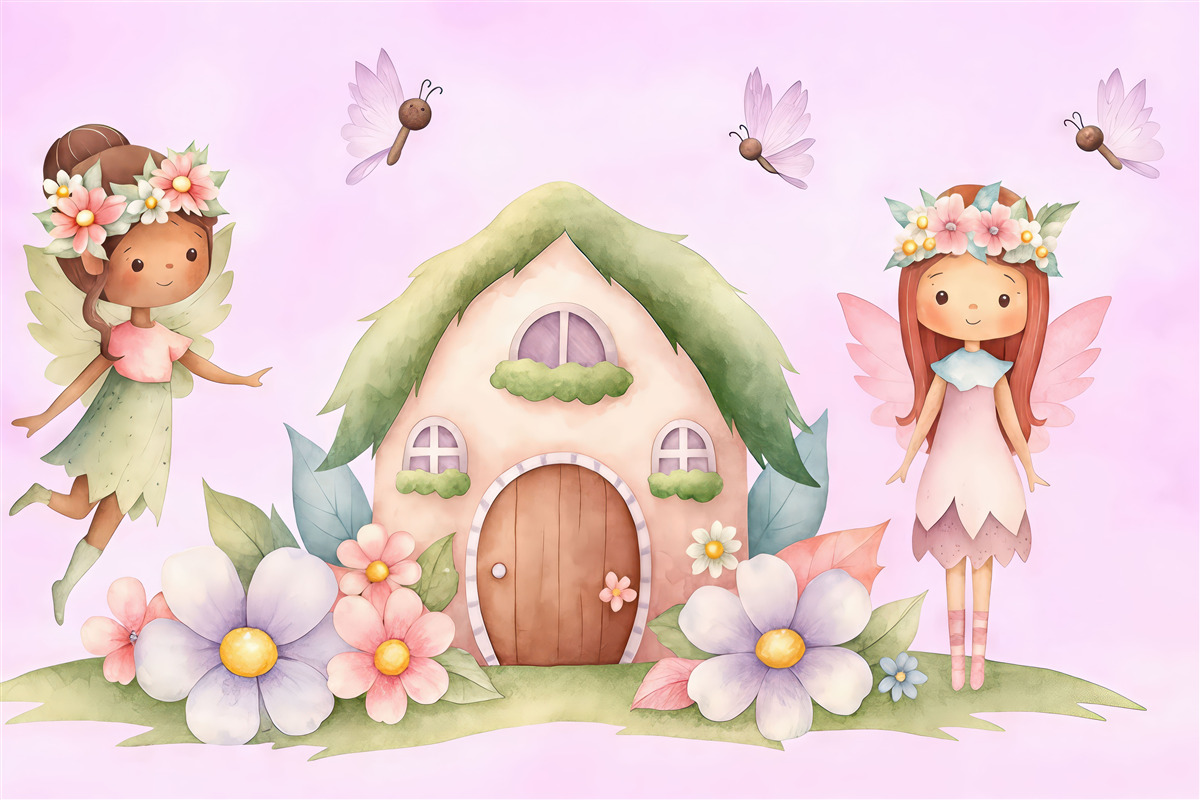 Fototapeta leśna chata i wróżki na różowym tle