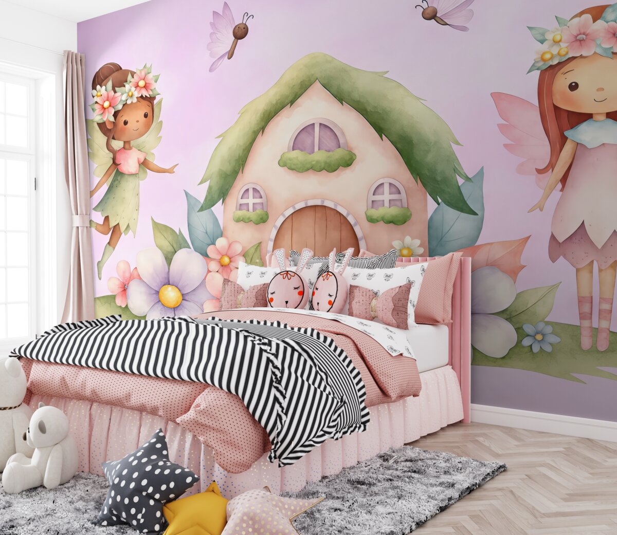 Fototapeta leśna chata i wróżki na różowym tle