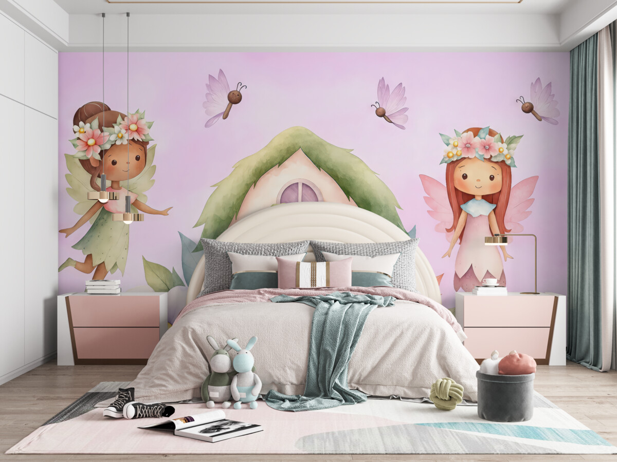 Fototapeta leśna chata i wróżki na różowym tle