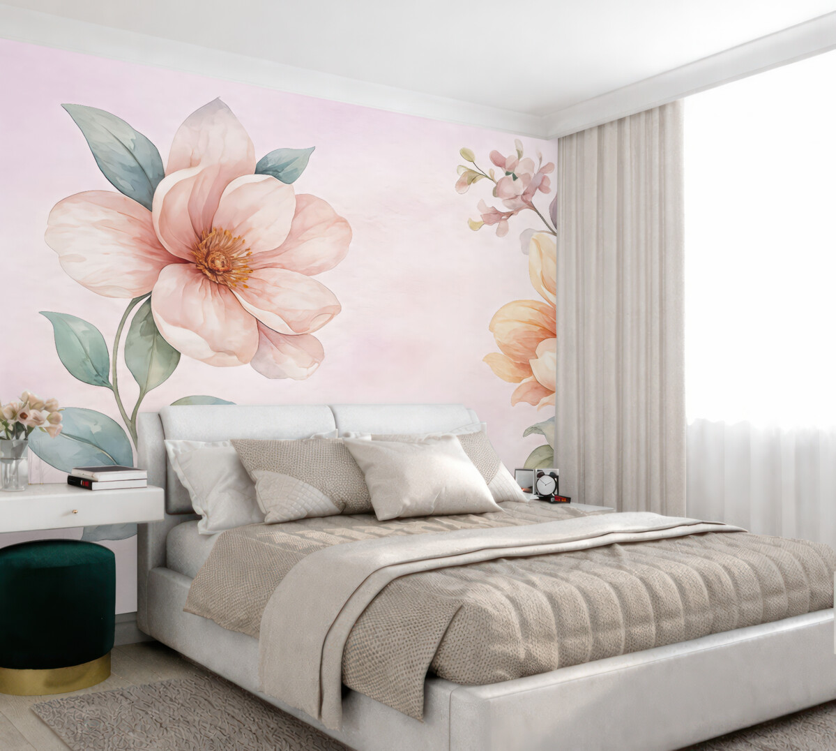 Fototapeta Wielkie kwiaty na różowym tle namalowane farbami akwarelowymi.