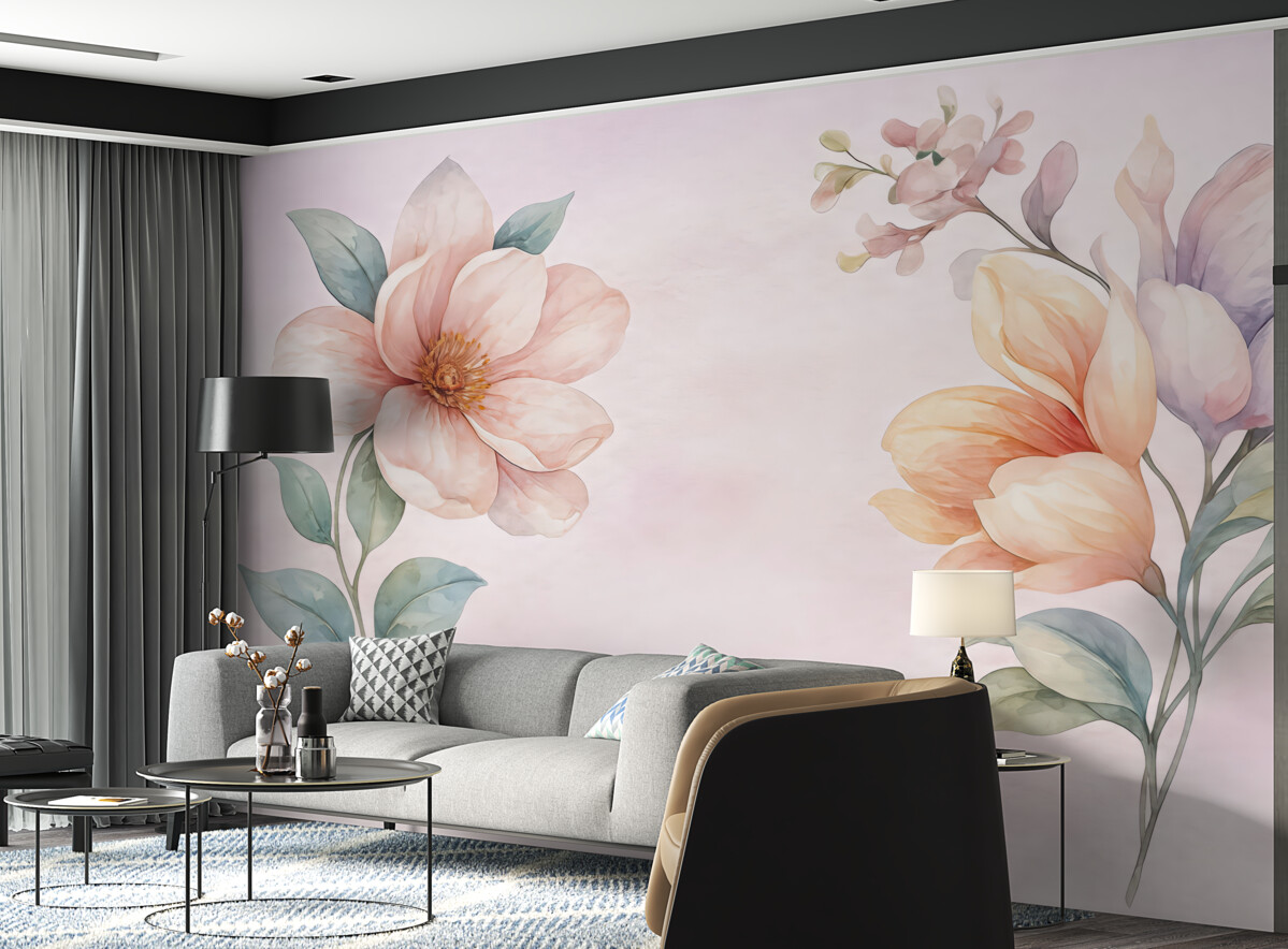 Fototapeta Wielkie kwiaty na różowym tle namalowane farbami akwarelowymi.