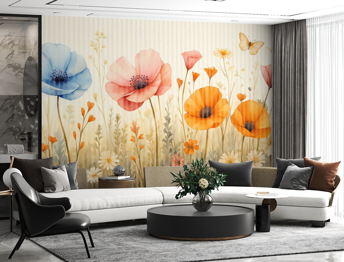 Fototapeta Jasne polne kwiaty w pasy.