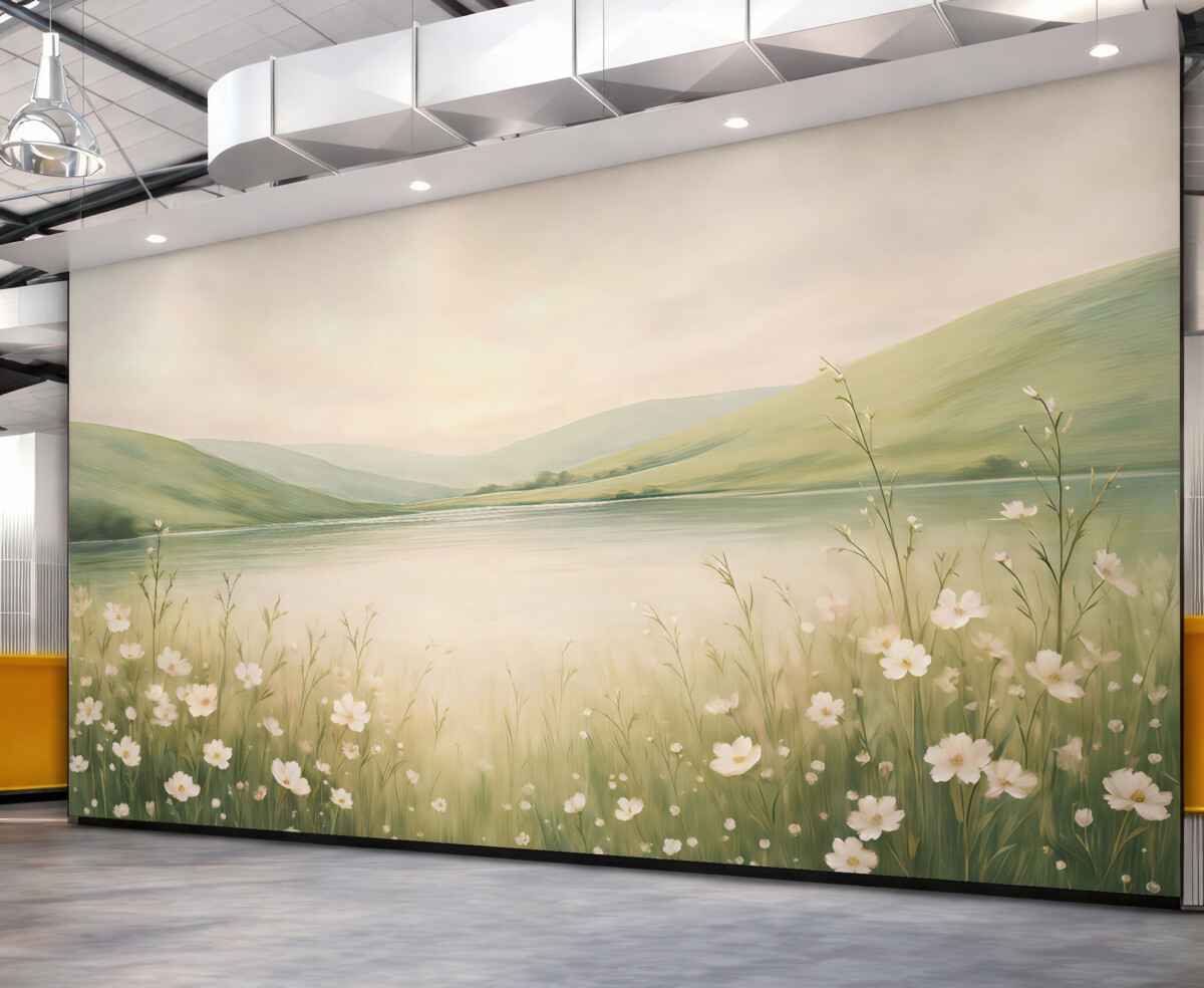 Fototapeta Łąka z kwiatami, naturalny pejzaż, staw, różowe rośliny, zielone pagórki.