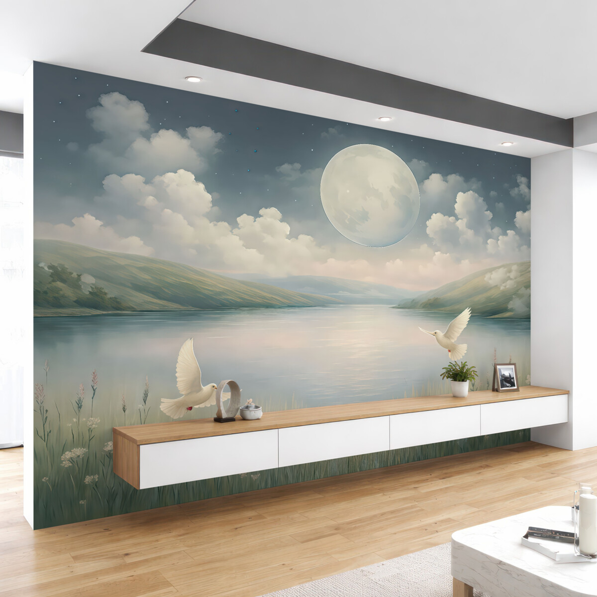 Fototapeta Urokliwy widok z jeziorem, łąką wypełnioną kwiatami, księżycem na nocnym, gwiaździstym niebie, fruwającymi ptakami oraz chmurami.