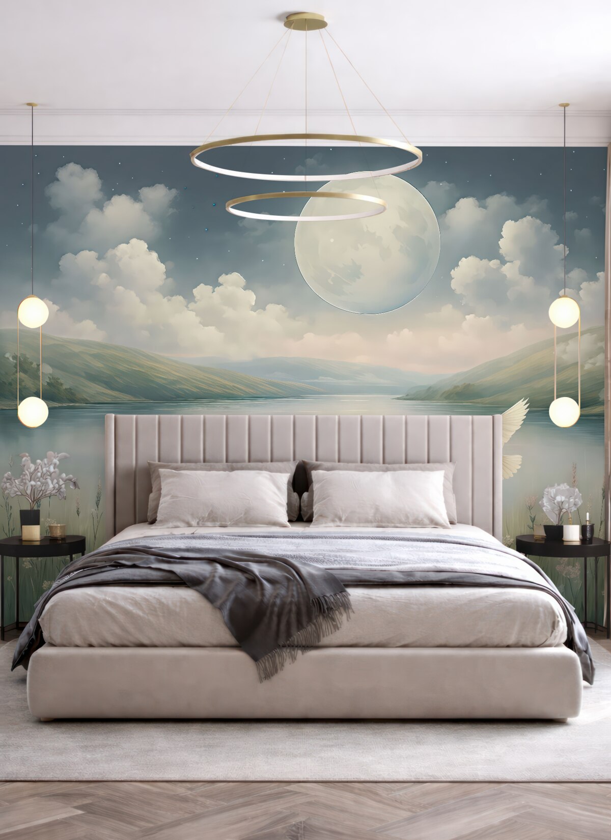 Fototapeta Urokliwy widok z jeziorem, łąką wypełnioną kwiatami, księżycem na nocnym, gwiaździstym niebie, fruwającymi ptakami oraz chmurami.