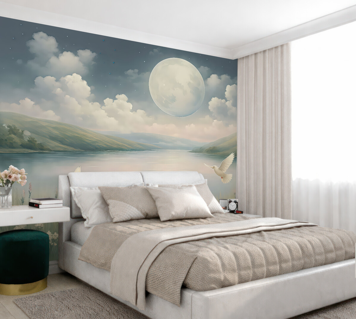Fototapeta Urokliwy widok z jeziorem, łąką wypełnioną kwiatami, księżycem na nocnym, gwiaździstym niebie, fruwającymi ptakami oraz chmurami.