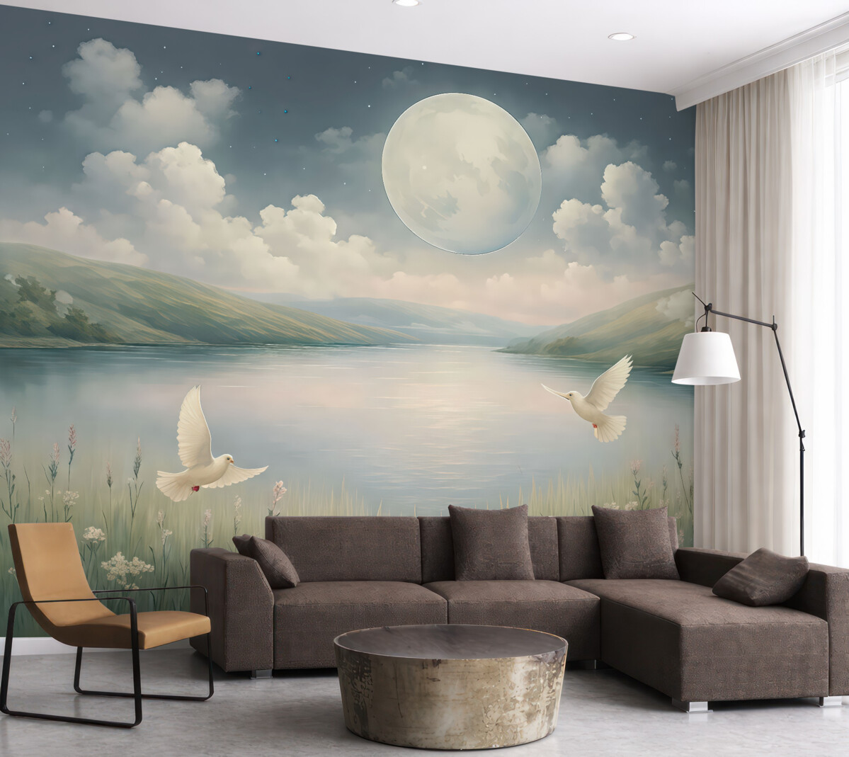 Fototapeta Urokliwy widok z jeziorem, łąką wypełnioną kwiatami, księżycem na nocnym, gwiaździstym niebie, fruwającymi ptakami oraz chmurami.