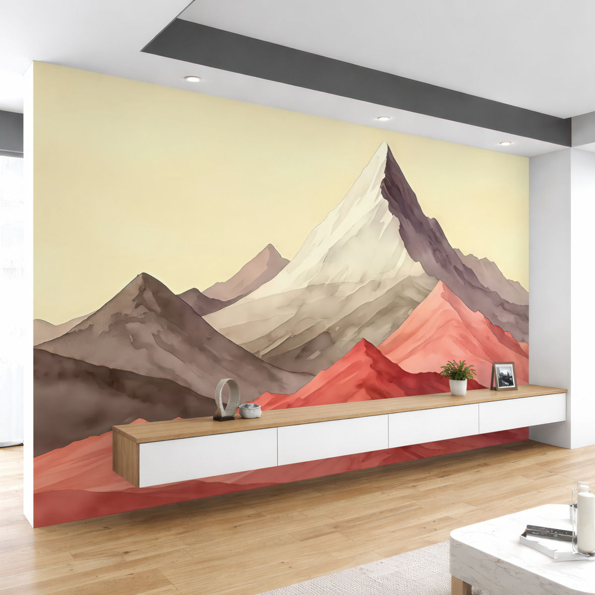 Fototapeta Pastelowe wzgórza z czerwonym akcentem.