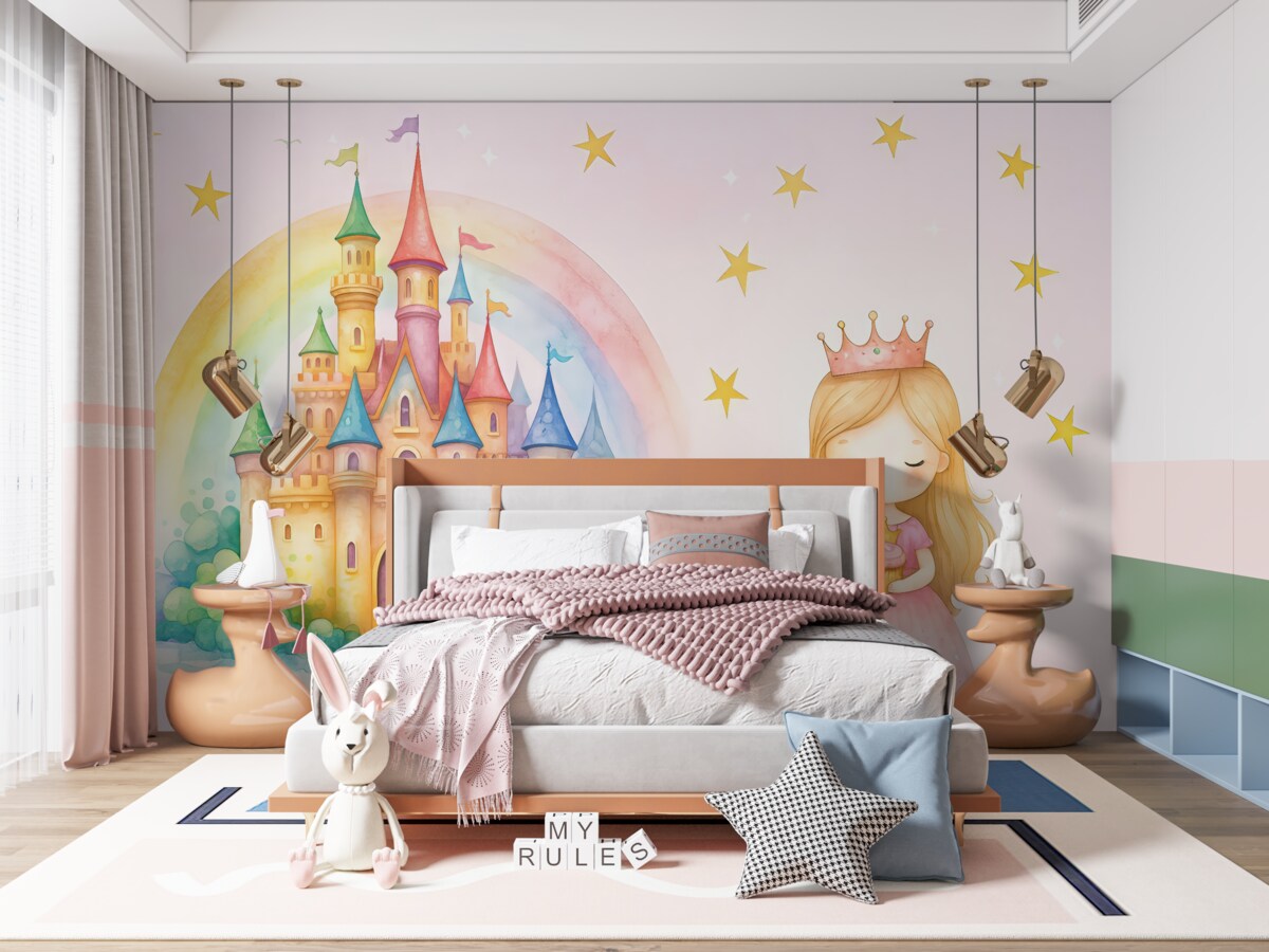 Fototapeta Księżniczka oraz niesamowity zamek namalowany farbami akwarelowymi.