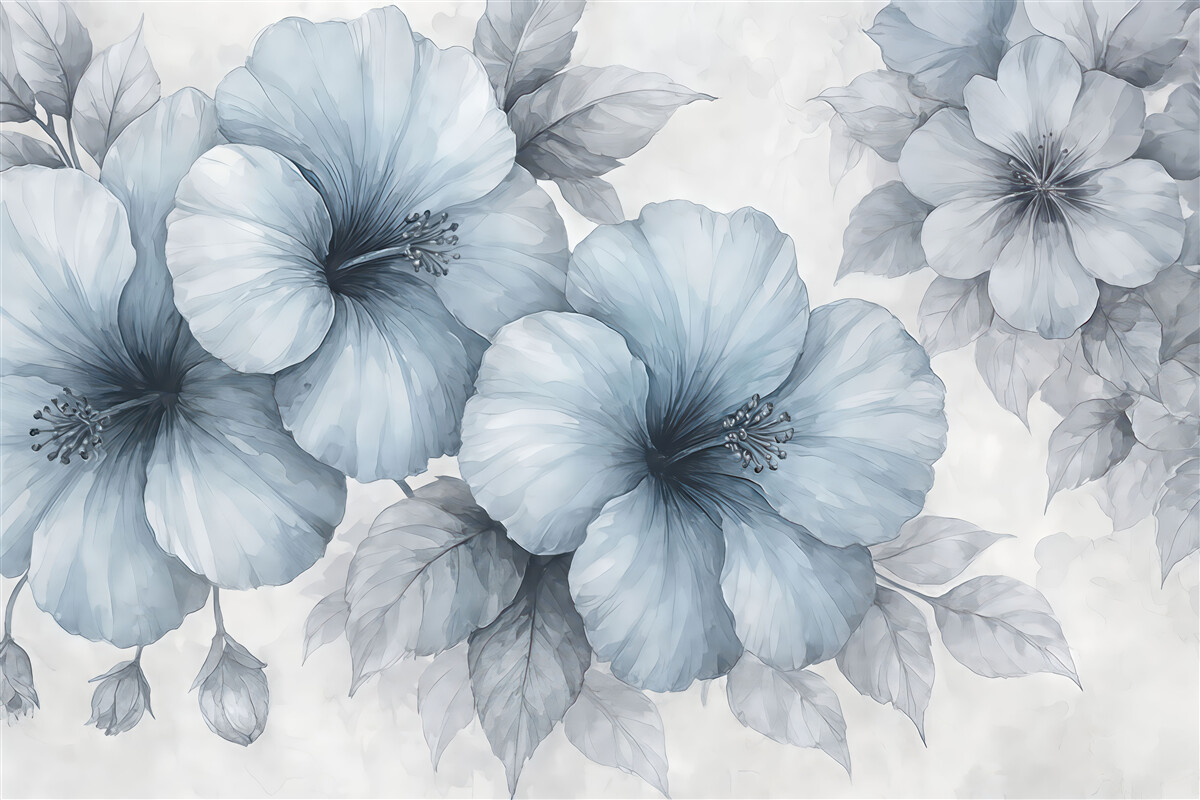 Fototapeta wielkie szaro-niebieskie kwiaty na betonowym podłożu