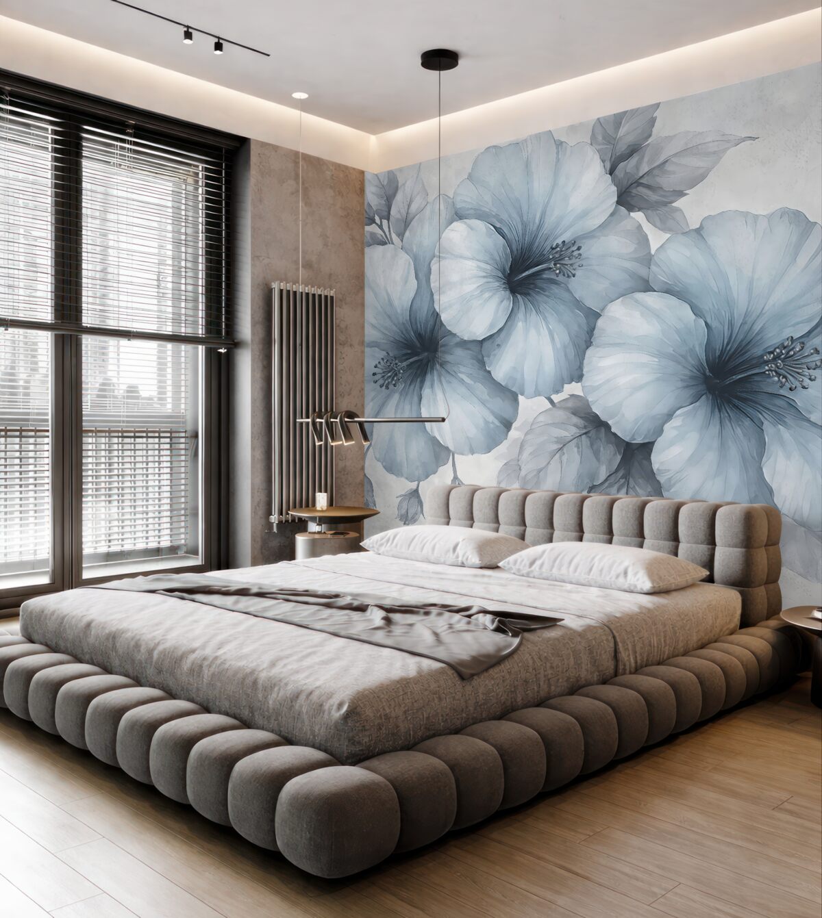 Fototapeta wielkie szaro-niebieskie kwiaty na betonowym podłożu