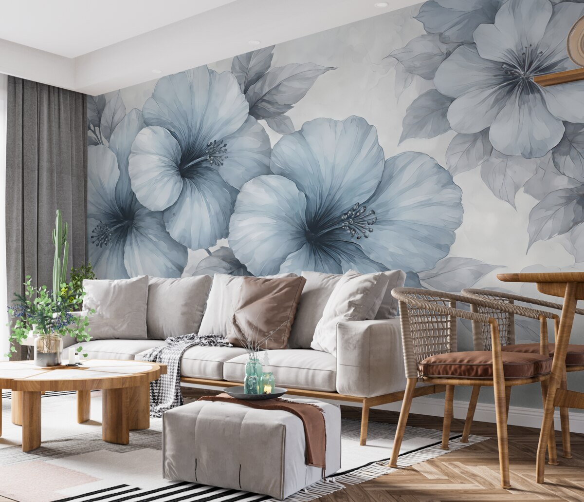 Fototapeta wielkie szaro-niebieskie kwiaty na betonowym podłożu
