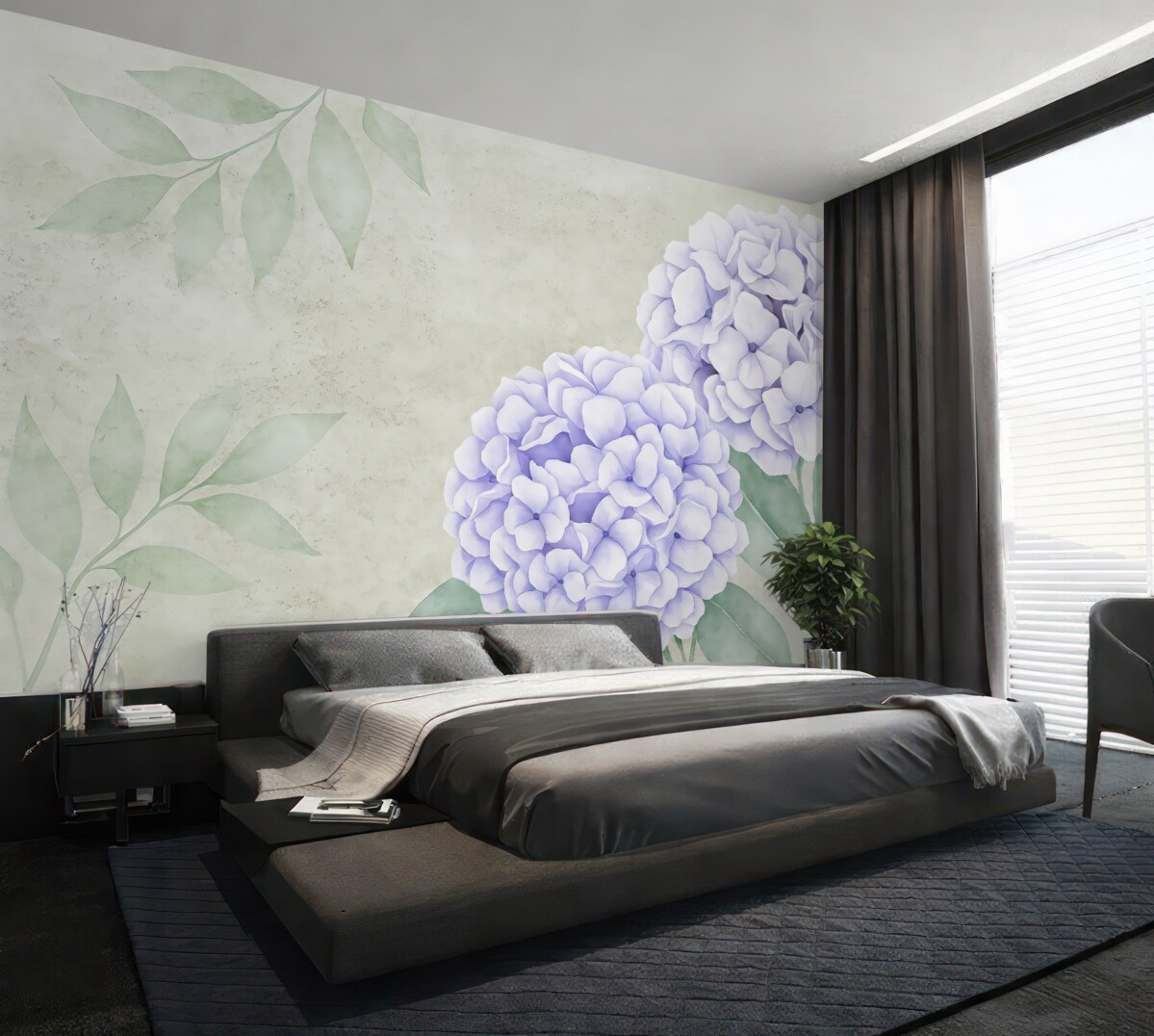 Fototapeta wielkie purpurowe kwiaty na szarej ścianie