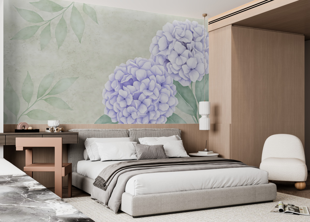 Fototapeta wielkie purpurowe kwiaty na szarej ścianie